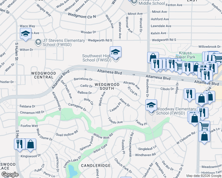 map of restaurants, bars, coffee shops, grocery stores, and more near 6500 Welch Avenue in Fort Worth
