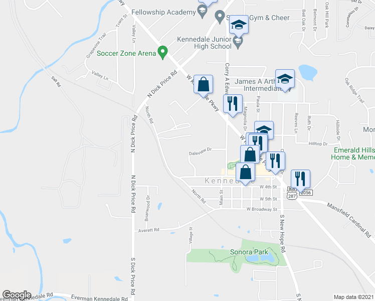 map of restaurants, bars, coffee shops, grocery stores, and more near 336 Daleview Dr in Kennedale