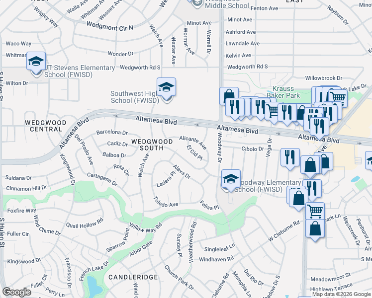 map of restaurants, bars, coffee shops, grocery stores, and more near 4029 El Cid Place in Fort Worth