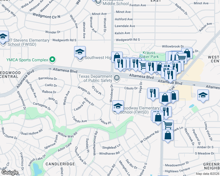map of restaurants, bars, coffee shops, grocery stores, and more near 6500 Woodway Drive in Fort Worth