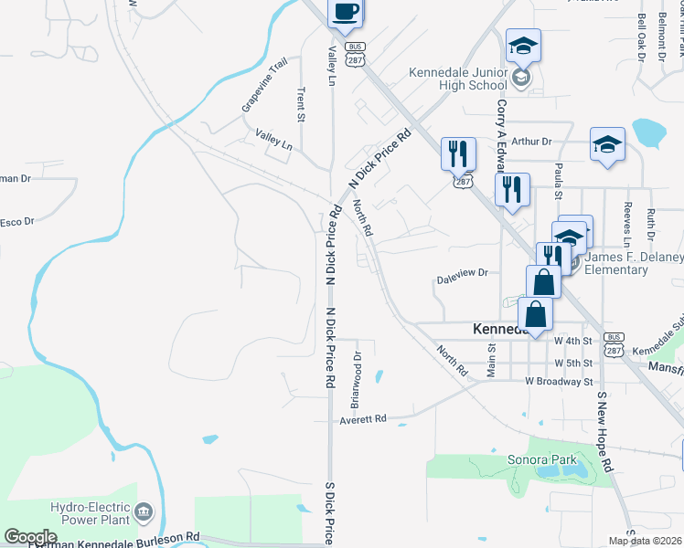 map of restaurants, bars, coffee shops, grocery stores, and more near 420 North Dick Price Road in Kennedale