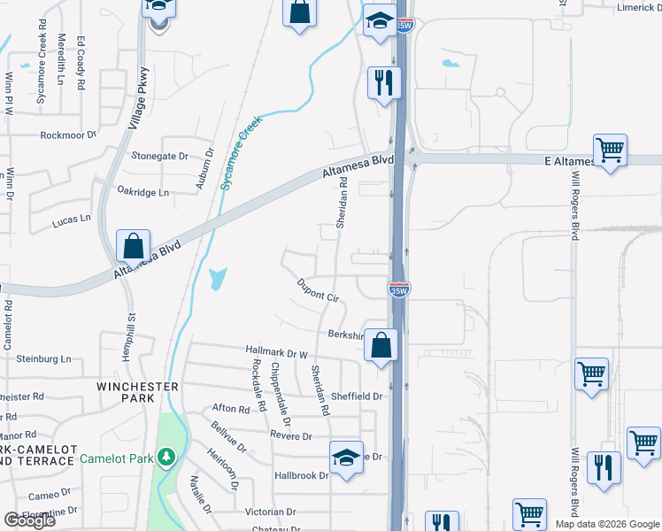 map of restaurants, bars, coffee shops, grocery stores, and more near 6616 Sheridan Road in Fort Worth