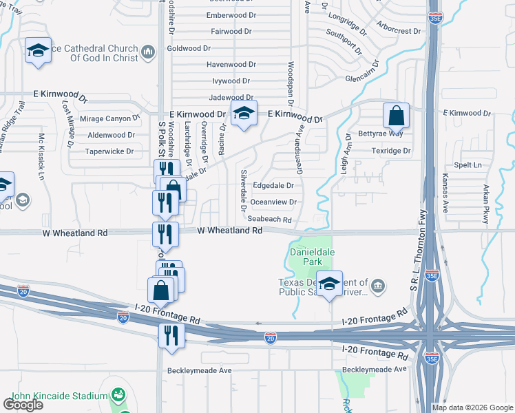 map of restaurants, bars, coffee shops, grocery stores, and more near 724 Oceanview Drive in Dallas