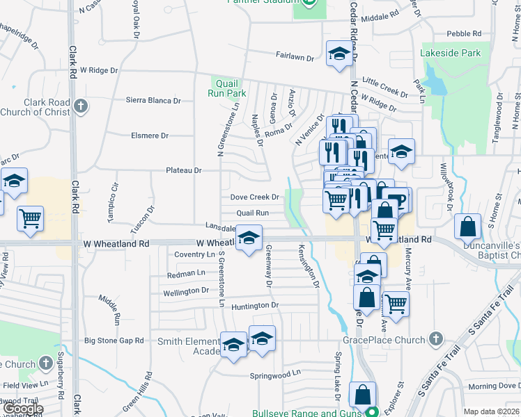 map of restaurants, bars, coffee shops, grocery stores, and more near 1023 Quail Run in Duncanville