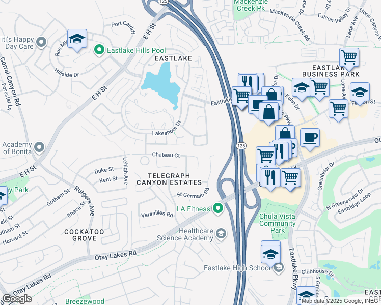 map of restaurants, bars, coffee shops, grocery stores, and more near 2113 Chateau Court in Chula Vista