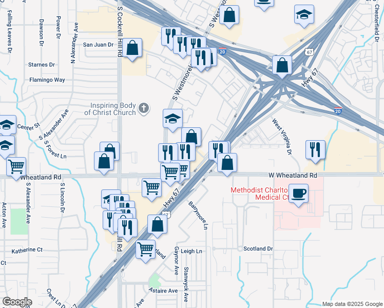 map of restaurants, bars, coffee shops, grocery stores, and more near 4041 West Wheatland Road in Dallas