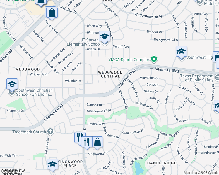 map of restaurants, bars, coffee shops, grocery stores, and more near 4512 Altamesa Boulevard in Fort Worth