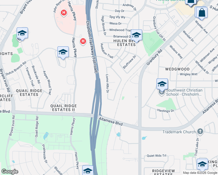 map of restaurants, bars, coffee shops, grocery stores, and more near 7012 Lomo Alto Drive in Fort Worth