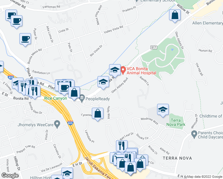 map of restaurants, bars, coffee shops, grocery stores, and more near 3337 Glen Abbey Boulevard in Chula Vista