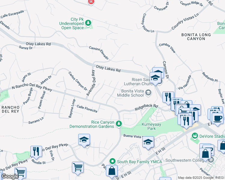 map of restaurants, bars, coffee shops, grocery stores, and more near 604 Via Armado in Chula Vista