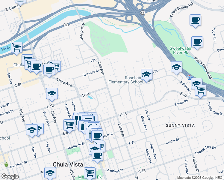 map of restaurants, bars, coffee shops, grocery stores, and more near 113 2nd Avenue in Chula Vista