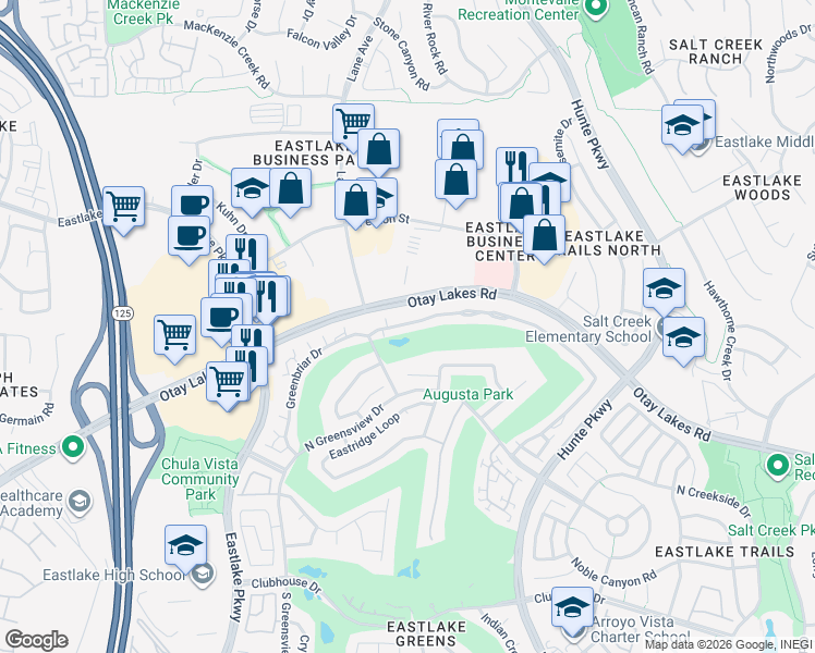 map of restaurants, bars, coffee shops, grocery stores, and more near 2416 Torrey Pines Road in Chula Vista
