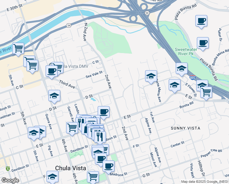 map of restaurants, bars, coffee shops, grocery stores, and more near 113 2nd Avenue in Chula Vista