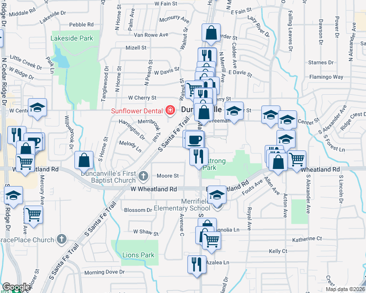 map of restaurants, bars, coffee shops, grocery stores, and more near 213 West Daniel Street in Duncanville