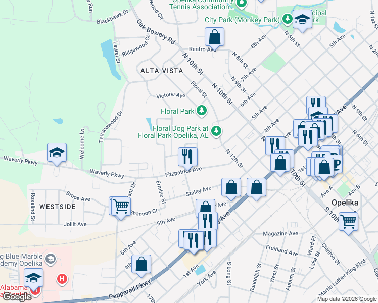 map of restaurants, bars, coffee shops, grocery stores, and more near 1107 Elliott Avenue in Opelika
