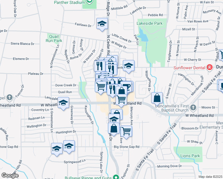 map of restaurants, bars, coffee shops, grocery stores, and more near 222 South Cedar Ridge Drive in Duncanville