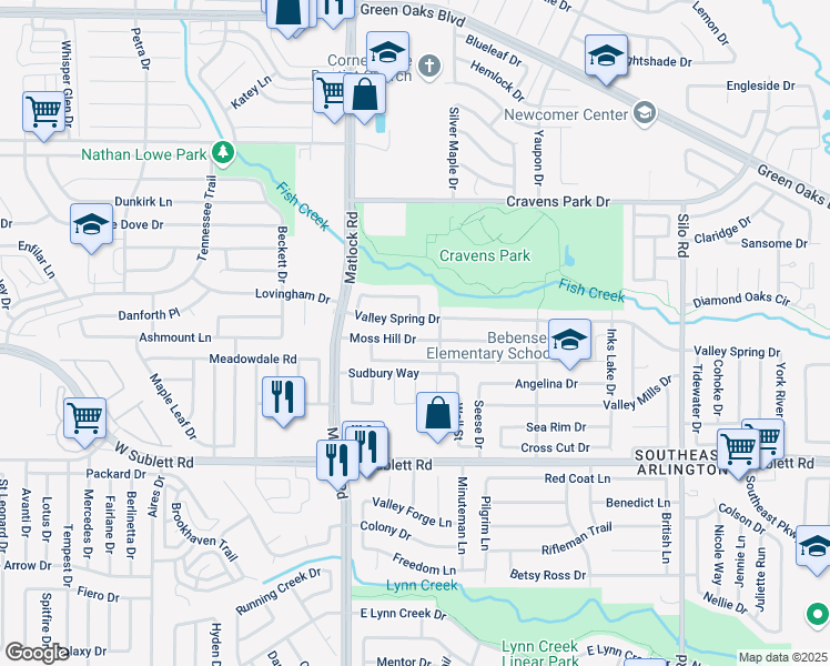 map of restaurants, bars, coffee shops, grocery stores, and more near 215 Moss Hill Drive in Arlington
