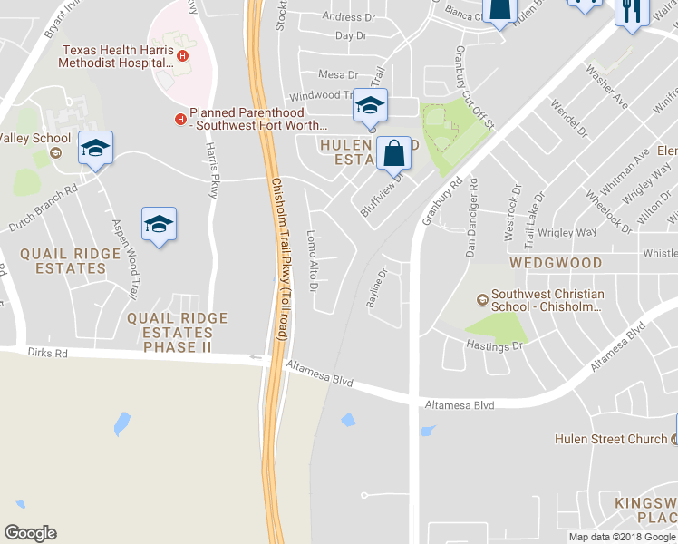 map of restaurants, bars, coffee shops, grocery stores, and more near 6832 Cold Water Canyon Road in Fort Worth
