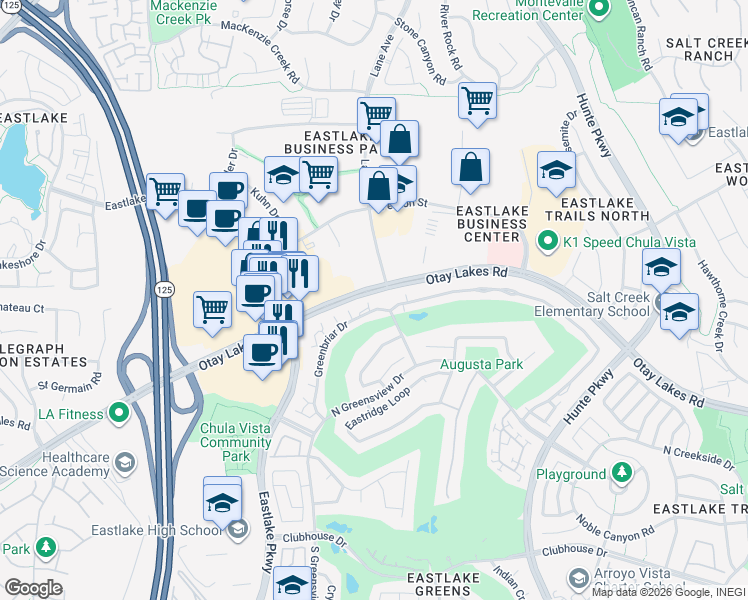 map of restaurants, bars, coffee shops, grocery stores, and more near 2400 La Costa Avenue in Chula Vista