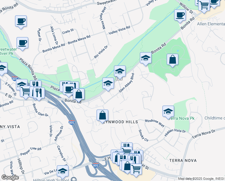 map of restaurants, bars, coffee shops, grocery stores, and more near 3337 Glen Abbey Boulevard in Chula Vista