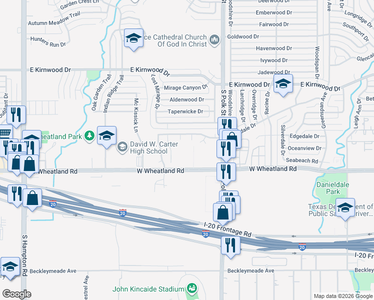 map of restaurants, bars, coffee shops, grocery stores, and more near 1301 West Wheatland Road in Dallas