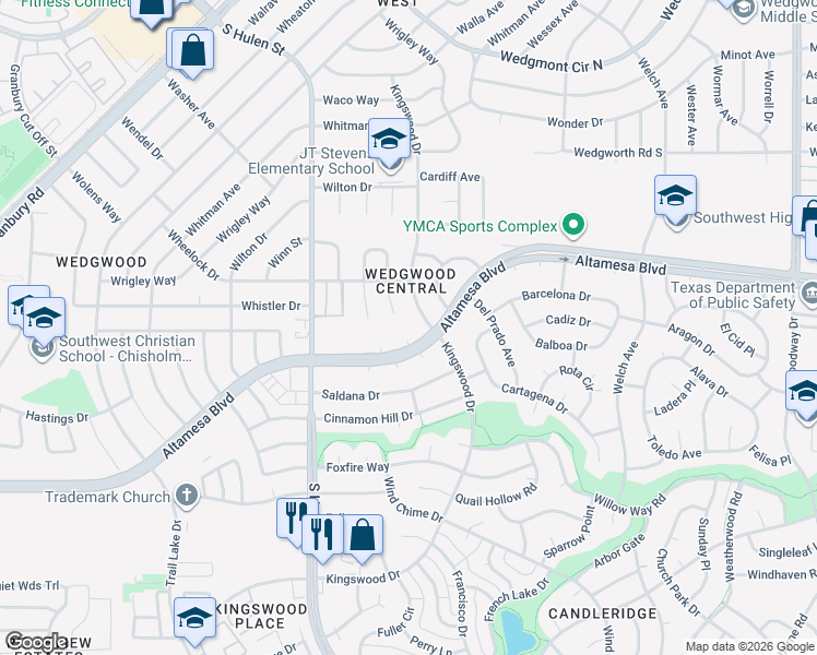map of restaurants, bars, coffee shops, grocery stores, and more near 4512 Altamesa Boulevard in Fort Worth