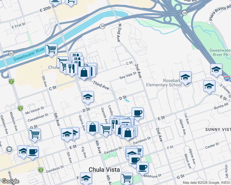 map of restaurants, bars, coffee shops, grocery stores, and more near in Chula Vista