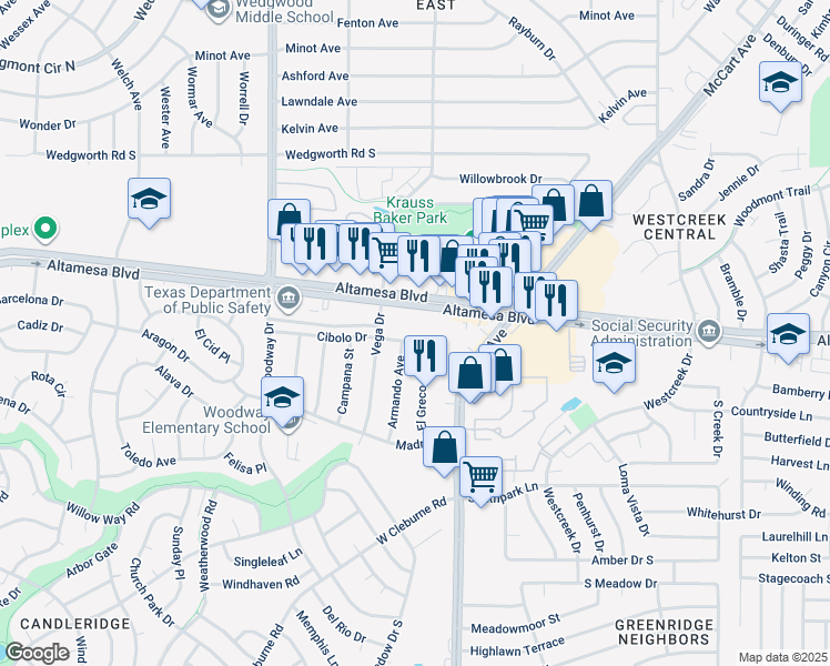 map of restaurants, bars, coffee shops, grocery stores, and more near 3601 Altamesa Boulevard in Fort Worth
