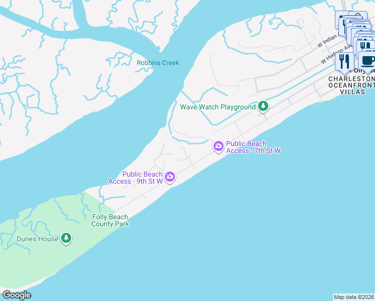 map of restaurants, bars, coffee shops, grocery stores, and more near 5 Cooper Street in Charleston