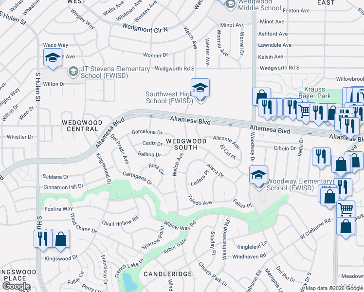 map of restaurants, bars, coffee shops, grocery stores, and more near 6500 Welch Avenue in Fort Worth