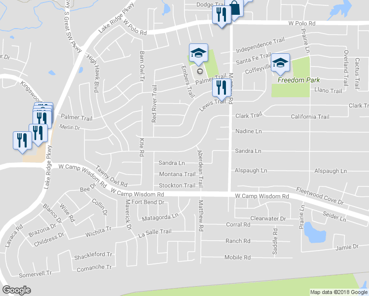 map of restaurants, bars, coffee shops, grocery stores, and more near 2018 Clark Trail in Grand Prairie