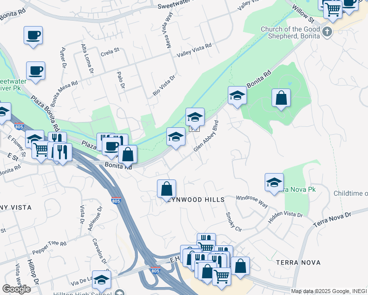 map of restaurants, bars, coffee shops, grocery stores, and more near 3302 Bonita Road in Chula Vista