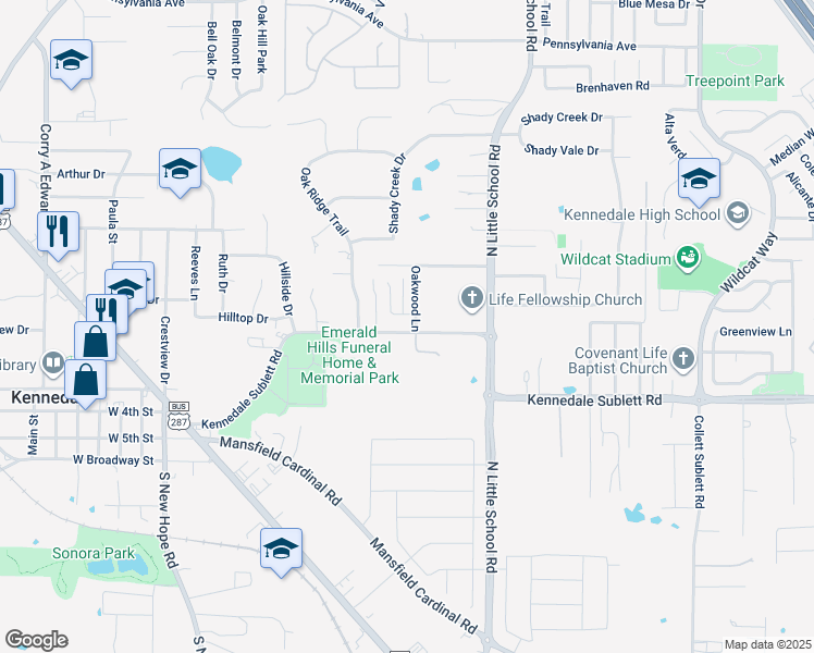 map of restaurants, bars, coffee shops, grocery stores, and more near 101 Oakwood Lane in Kennedale