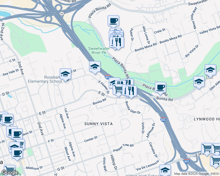 map of restaurants, bars, coffee shops, grocery stores, and more near 71 East Flower Street in Chula Vista