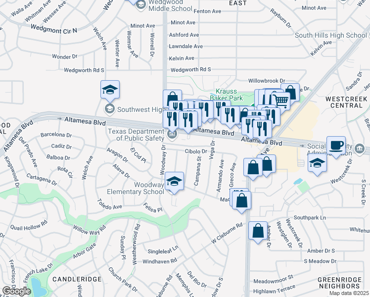 map of restaurants, bars, coffee shops, grocery stores, and more near 3800 Cibolo Drive in Fort Worth