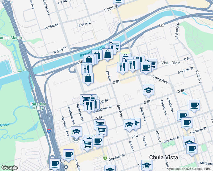 map of restaurants, bars, coffee shops, grocery stores, and more near 2 Date Avenue in Chula Vista