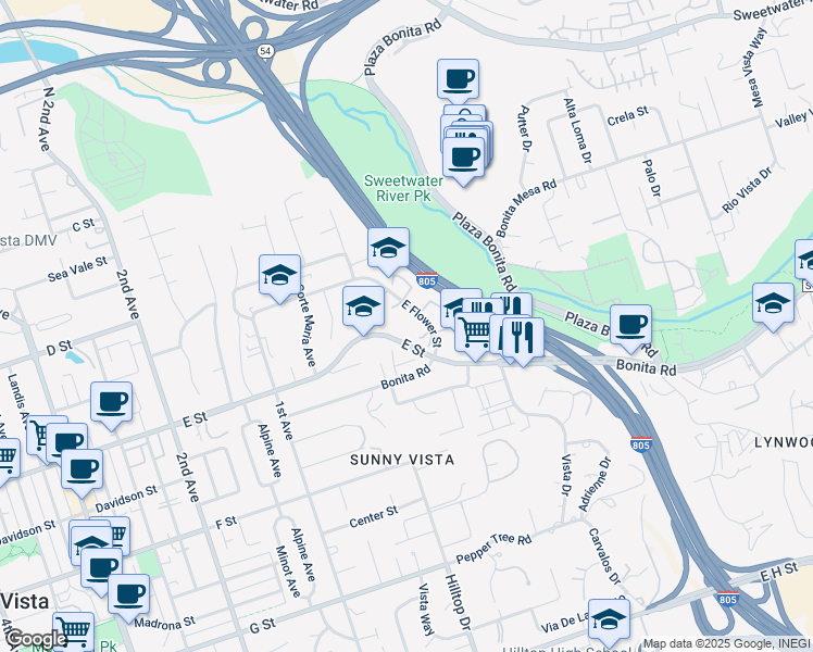 map of restaurants, bars, coffee shops, grocery stores, and more near 67 East Flower Street in Chula Vista