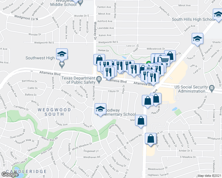 map of restaurants, bars, coffee shops, grocery stores, and more near 3724 Cibolo Drive in Fort Worth