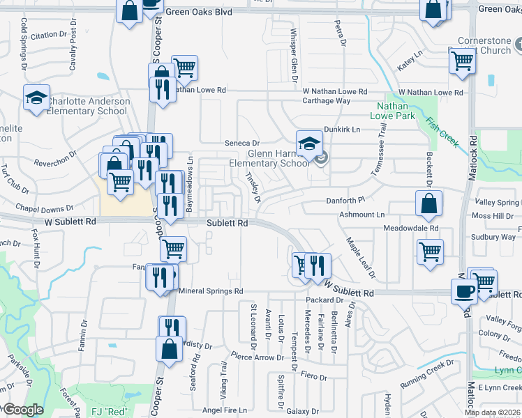 map of restaurants, bars, coffee shops, grocery stores, and more near 1034 Tennessee Trail in Arlington