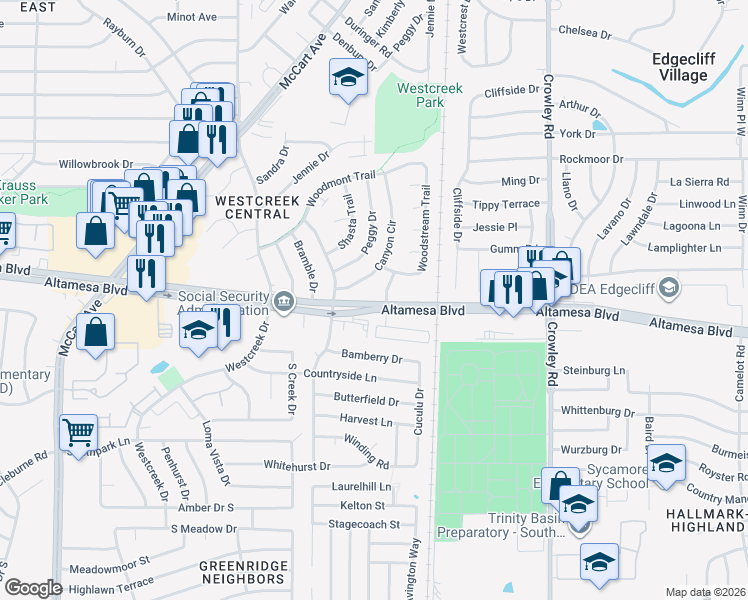 map of restaurants, bars, coffee shops, grocery stores, and more near 2608 Altamesa Boulevard in Fort Worth