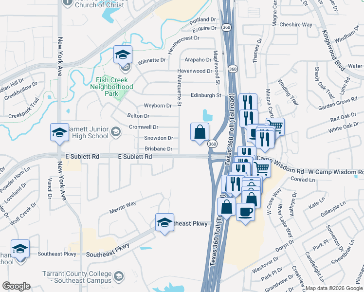 map of restaurants, bars, coffee shops, grocery stores, and more near 5909 Marquette Street in Arlington