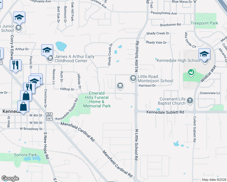 map of restaurants, bars, coffee shops, grocery stores, and more near 101 Oakwood Lane in Kennedale