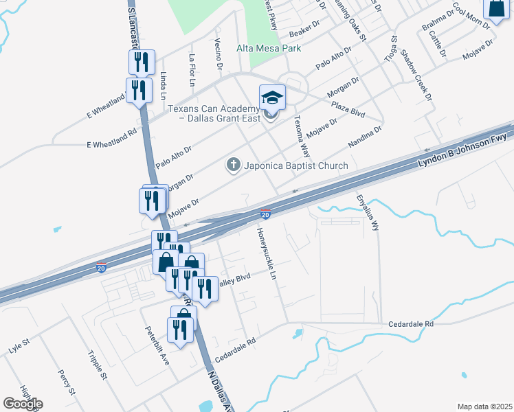 map of restaurants, bars, coffee shops, grocery stores, and more near Interstate 20 Frontage Road in Dallas