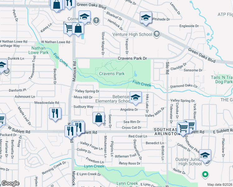 map of restaurants, bars, coffee shops, grocery stores, and more near 407 Moss Hill Drive in Arlington
