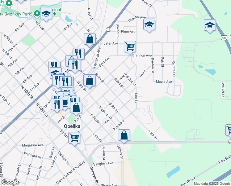 map of restaurants, bars, coffee shops, grocery stores, and more near 350-398 South 4th Street in Opelika