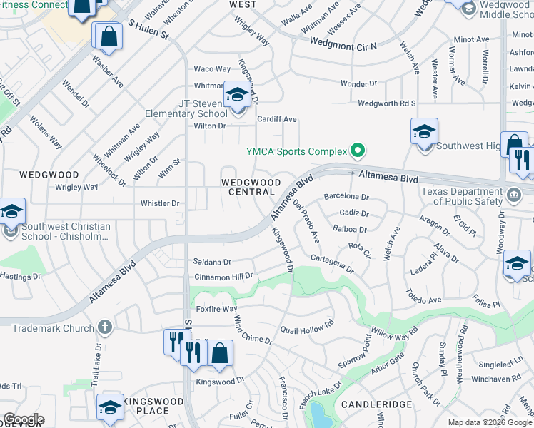 map of restaurants, bars, coffee shops, grocery stores, and more near 6625 Kingswood Drive in Fort Worth