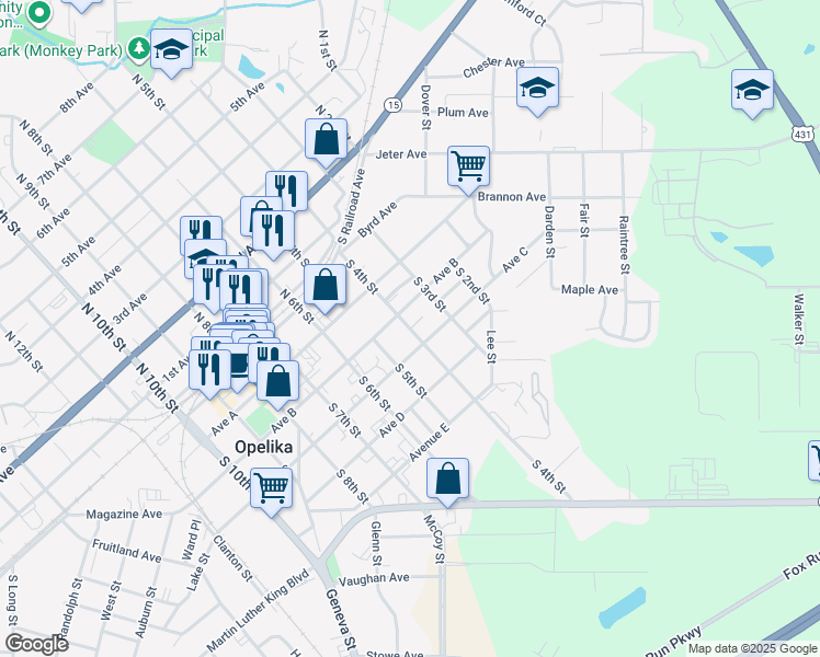 map of restaurants, bars, coffee shops, grocery stores, and more near 350 South 4th Street in Opelika