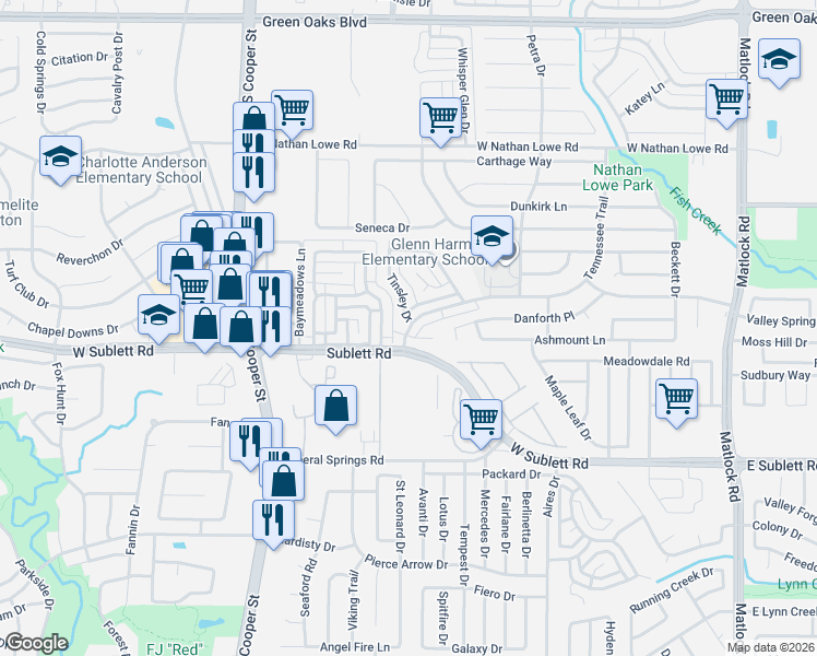 map of restaurants, bars, coffee shops, grocery stores, and more near 1034 Tennessee Trail in Arlington