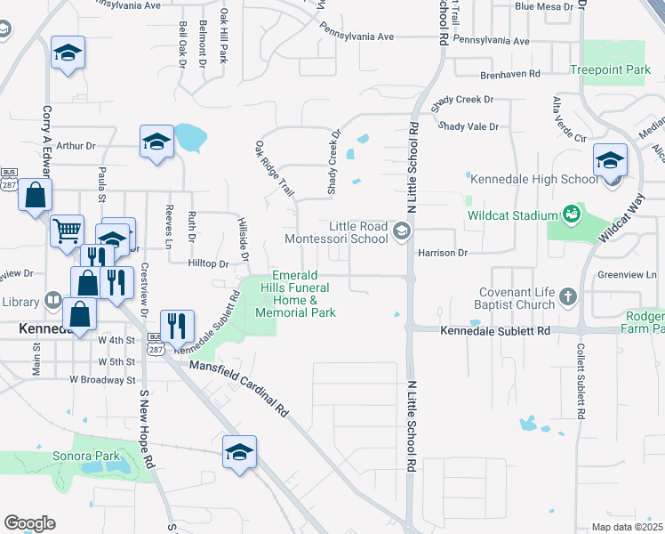 map of restaurants, bars, coffee shops, grocery stores, and more near 101 Oakwood Lane in Kennedale