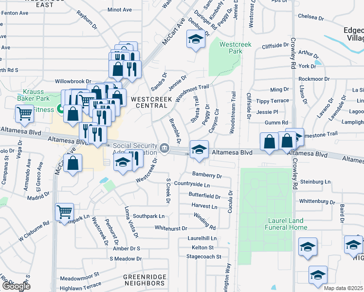 map of restaurants, bars, coffee shops, grocery stores, and more near 6430 Bramble Drive in Fort Worth